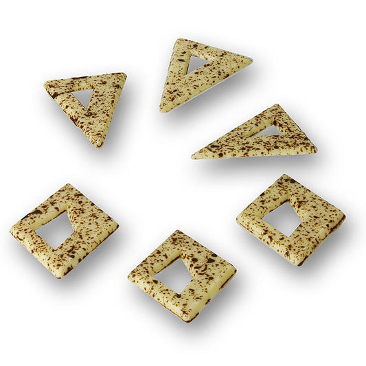 Deko-Aufleger aus weißer Schokolade mit Zartbitterschokolade, in viereckiger und dreieckiger Form, gelocht, ideal für Desserts, Sahne, Eis oder Torten, 37 x 47 mm bzw 35 x 35 mm, 262 Stück
