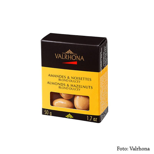 Valrhona Equinoxe Kugeln - Mandeln und Haselnüsse in Dulcey Schokolade, 50 g - Knusprige Valencia-Mandeln und römischen Haselnüsse, einzeln mit DULCEY®-Butter (32%) überzogen, ein wunderbarer Genuss, dem Sie nicht widerstehen können