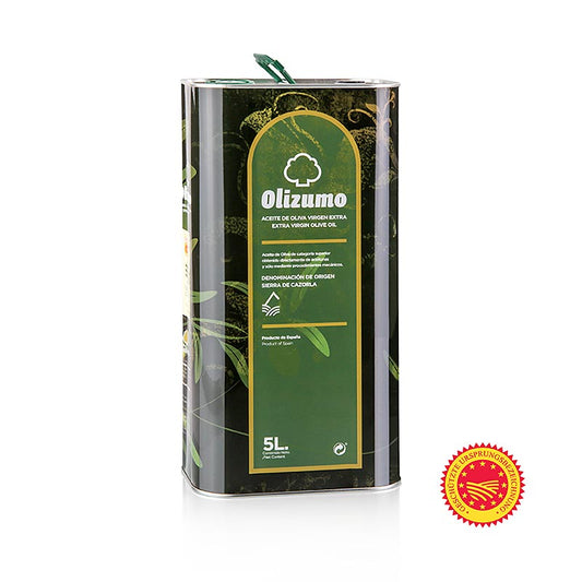 Natives Olivenöl Extra, Aceites Guadalentin Olizumo DOP/gU, 100% Picual, 5 l - Produktillustration: Intensiv gold-grünes Olivenöl, das nach Gras, Thymian, Minze und Fenchel duftet, mit süßlichen, würzigen und fruchtigen Noten, hergestellt aus Picual-Oliven aus dem Sierras de Cazorla Nationalpark in Andalusien, Provinz Jaen