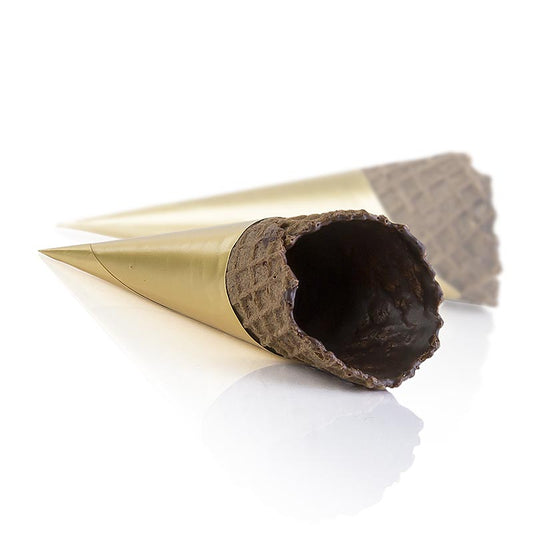Zarte Mini Waffel Hörnchen Kakao, gecoated, ø 32x83mm h, 498 g, 83 St zum Füllen als Fingerfood, innen mit Schokolade ausgestrichen und aromatisiert und gefärbt mit Kakaopulver