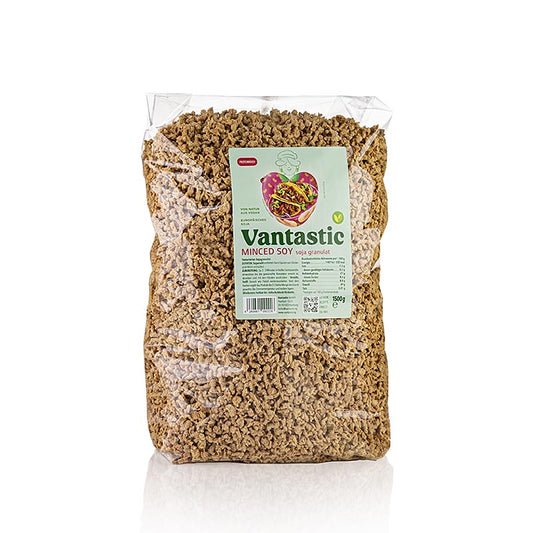 English: A 15 kg package of Vantastic Foods' vegan minced soy, also known as Soja Granulat, ideal for plant-based cooking and recipes