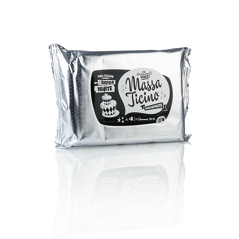 1 kg Massa Ticino - Tortengarniermasse, Bride White, Vegan, AZO-Frei, hergestellt von CARMA®, dem weltweit einzigen Hersteller von Sugarpaste mit kräftigen Farben aus natürlichen Quellen, ohne AZO-Farbstoffe, geeignet für Veganer und Vegetarier, laktose- und glutenfrei, perfekt zum Überziehen und Modellieren, mit über 100 Farbmöglichkeiten durch Mischverhältnisse, Colour Mixing Guide auf massaticinocom/cmg