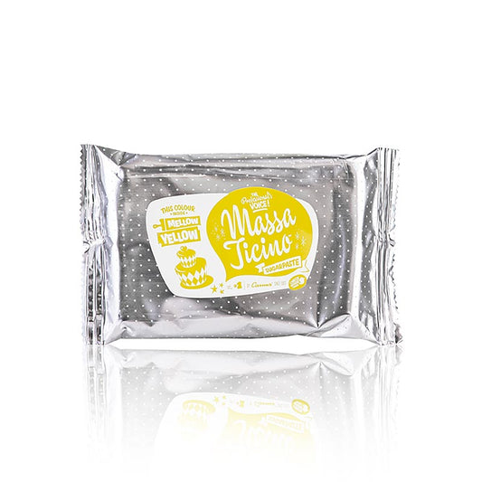 250 g Massa Ticino - Tortengarniermasse, Mellow Yellow, Vegan, AZO-Frei, hergestellt von CARMA® mit natürlichen Farben, geeignet für Veganer und Vegetarier, laktose- und glutenfrei, vielseitig einsetzbar zum Überziehen und Modellieren, mit über 100 Farbenmöglichkeiten und Colour Mixing Guide auf der Website erhältlich