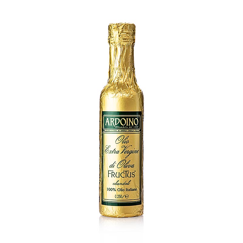 Natives Olivenöl Extra, Ardoino Fructus, ungefiltert, in Goldfolie, 250 ml - Handgepflückte Oliven aus Westligurien, schonend mechanisch gepresst, grün-goldene Farbe, fruchtiger Duft, harmonischer Geschmack, ideal für Vorspeisen und Salate, unfiltriert, kaltgepresst, leicht goldene Farbe
