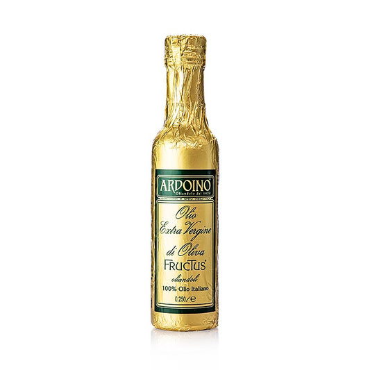 Natives Olivenöl Extra, Ardoino Fructus, ungefiltert, in Goldfolie, 250 ml - Handgepflückte Oliven aus Westligurien, schonend mechanisch gepresst, grün-goldene Farbe, fruchtiger Duft, harmonischer Geschmack, ideal für Vorspeisen und Salate, unfiltriert, kaltgepresst, leicht goldene Farbe