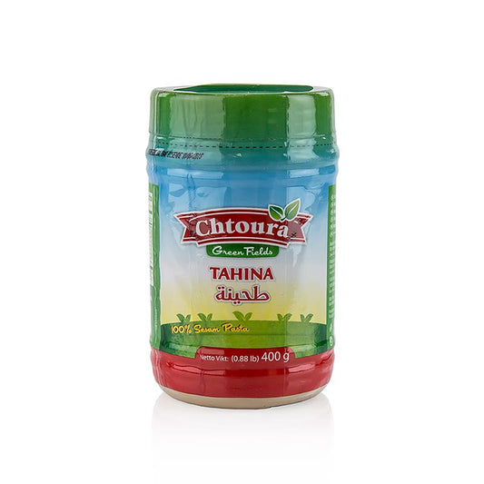 Tahini Sesampaste Tahina von Chtoura, 400 g - Vielseitige, cremige Paste aus fein gemahlenen Sesamsamen Geeignet für Hummus, Dressings, Soßen und als Würze Reicher, vollmundiger Geschmack und weiche Konsistenz Genießen Sie den authentischen Geschmack des Nahen Ostens
