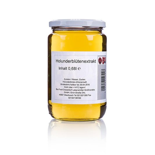 Holunderblütenextrakt von BOS FOOD, 680 ml Flasche, vielseitige Zutat für Hobby- und Profiköche zur Verfeinerung von Desserts, Getränken und herzhaften Gerichten, hergestellt aus sorgfältig ausgewählten Holunderblüten