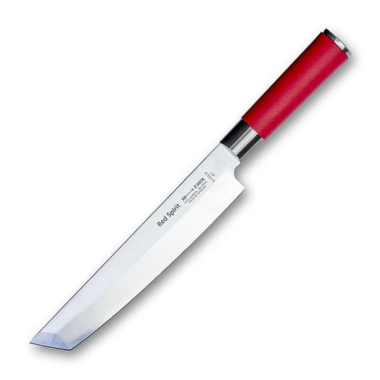 Tanto Messer aus der Serie Red Spirit, ein Schinken- und Tranchiermesser mit extra breiter Klinge, polierte Schneide und runder, typisch asiatisch anmutender Griff für Profi- und Hobbyköche geeignet
