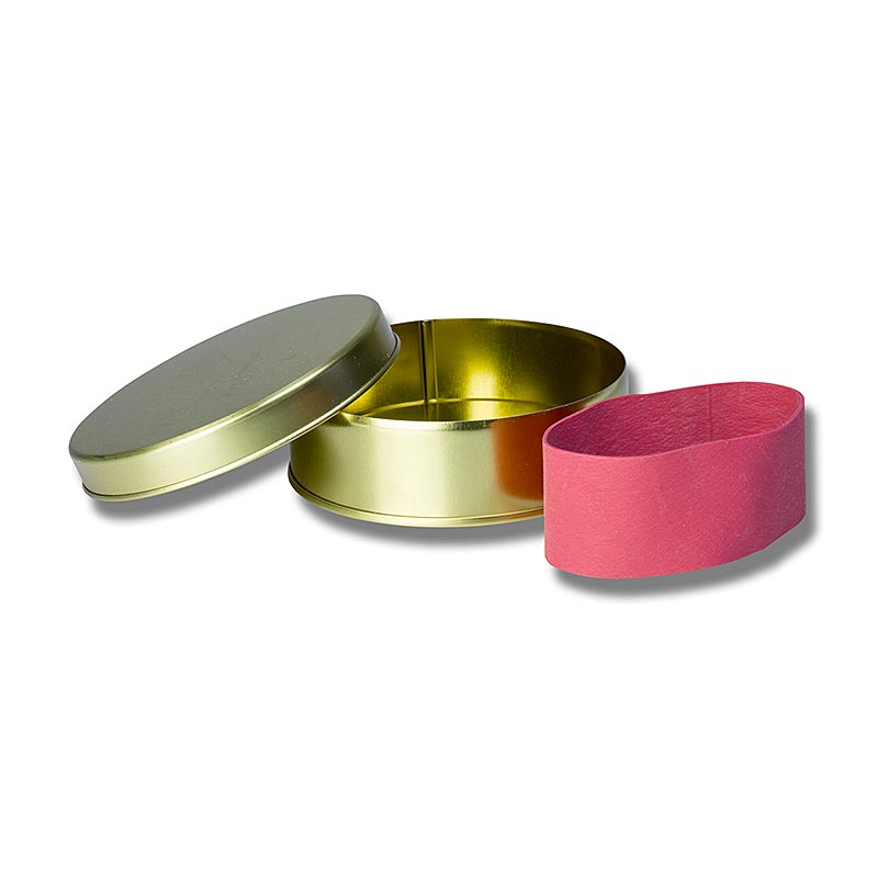 Leere goldene Kaviardose mit Verschluss-Gummi für 250g Kaviar, zum Umportionieren geeignet