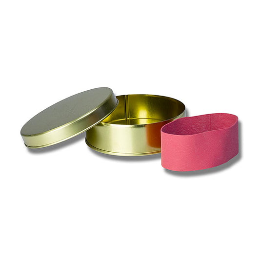 Leere goldene Kaviardose mit Verschluss-Gummi für 250g Kaviar, zum Umportionieren geeignet