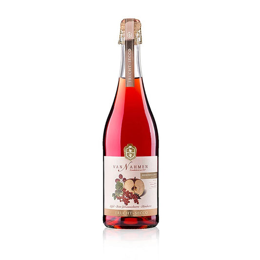 Van Nahmen Apfel-Rote Johannisbeere-Himbeere Fruchtsecco, alkoholfrei, 750 ml - Ein erfrischender, alkoholfreier Frucht-Secco, der das volle beerige Aroma von Äpfeln, roten Johannisbeeren und Himbeeren entfaltet und von der gehobenen Gastronomie sowie Sternegastronomen hoch geschätzt wird