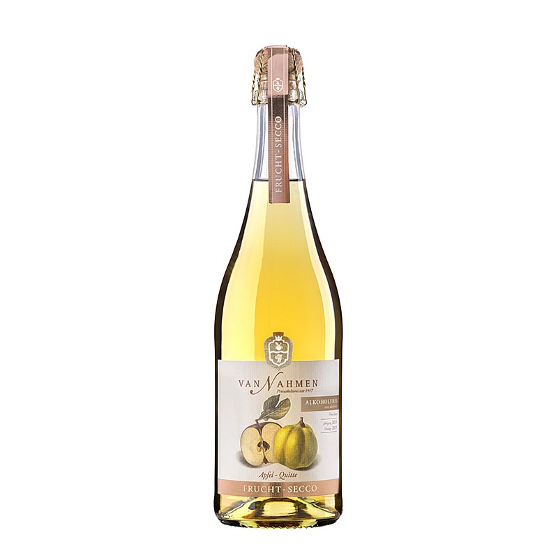 Apfel-Quitte Fruchtsecco von Van Nahmen, alkoholfrei, Bio, 750 ml - Ein prickelnder Genuss ohne Alkohol, ausgezeichnet mit dem Gütesiegel der Deutschen Landwirtschaftsgesellschaft (DLG) und SEHR GUT bewertet von ÖKO TEST Genießen Sie die vielschichtigen Aromen von Apfel und Quitte bei einer Trinktemperatur von 8 bis 10 °C