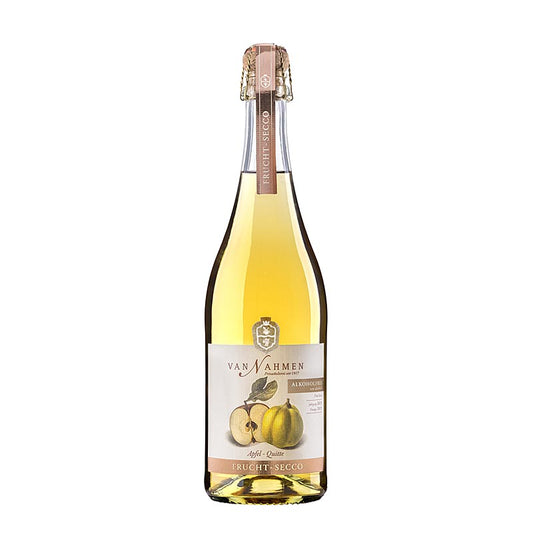 Apfel-Quitte Fruchtsecco von Van Nahmen, alkoholfrei, Bio, 750 ml - Ein prickelnder Genuss ohne Alkohol, ausgezeichnet mit dem Gütesiegel der Deutschen Landwirtschaftsgesellschaft (DLG) und SEHR GUT bewertet von ÖKO TEST Genießen Sie die vielschichtigen Aromen von Apfel und Quitte bei einer Trinktemperatur von 8 bis 10 °C