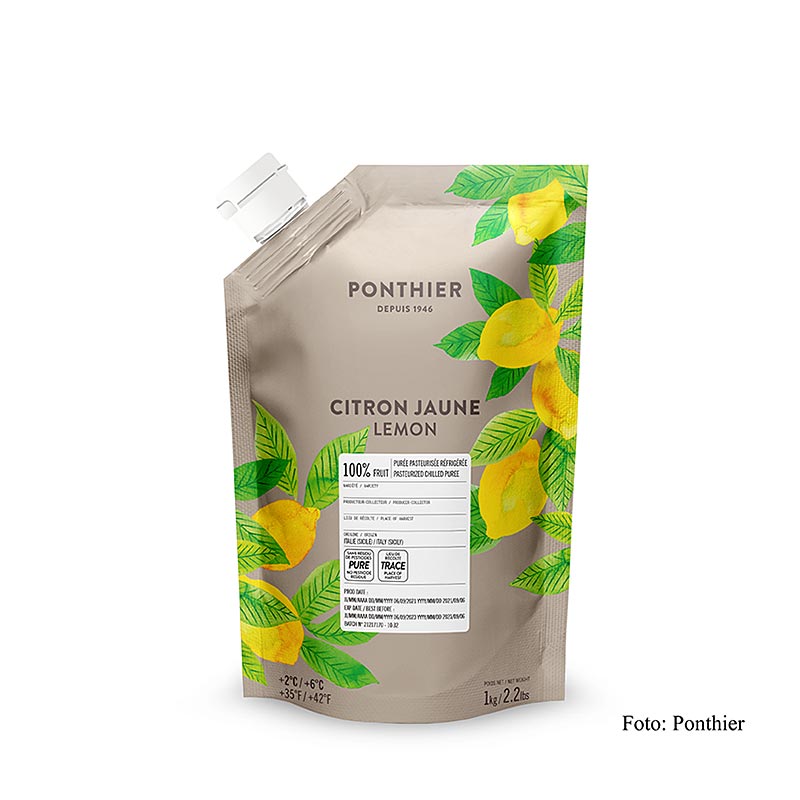Fruchtpüree von Ponthier - Zitrone, 100% Frucht, 1 kg - intensiv in Farbe und authentischem Geschmack, ideal für Torten, Gebäck, Desserts oder Eis