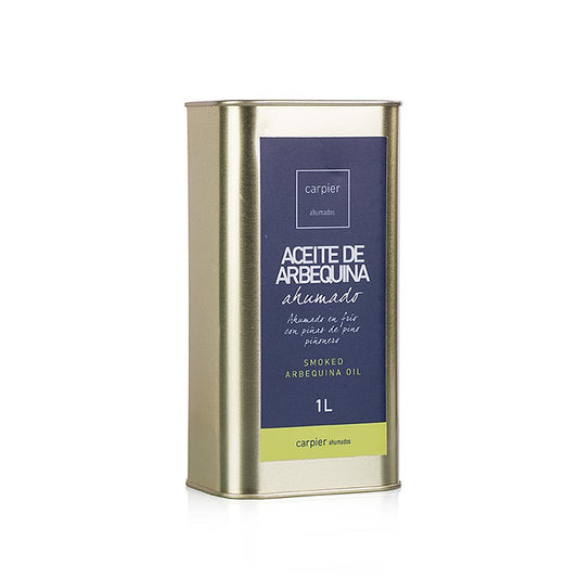 Flasche natives Olivenöl extra, geräuchert mit Pinienzapfenrauch, hergestellt aus Arbequina Oliven, 1 Liter, Carpier, ideal zum Aromatisieren von Saucen, Würzen von Fisch, Fleisch, Gegrilltem, rohem Gemüse und Salaten, bietet ein delikates und unvergleichliches Geschmackserlebnis