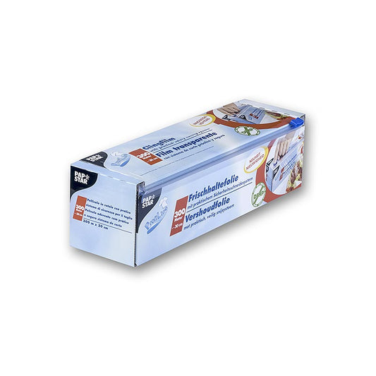 Frischhaltefolie aus PVC mit integriertem Schneidesystem, 30cm x 300m, von Papstar, ideal zum einfachen Verpacken von Lebensmitteln