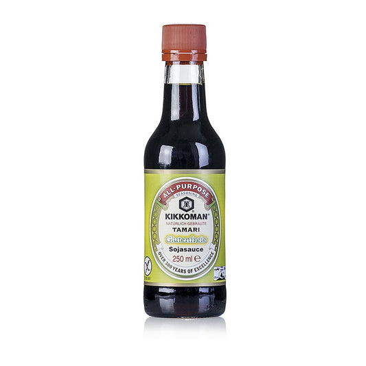 Eine 250 ml Flasche Kikkoman Tamari Sojasauce aus Japan, glutenfrei und natürlich gebraut, vielseitig einsetzbar