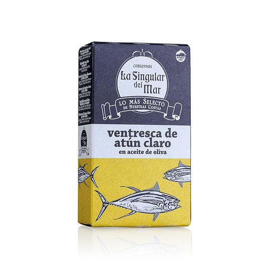 Ventresca - Bauchfleisch vom Yellowfin Thunfisch, in Olivenöl eingelegt, saftig und zart, ideal für Salate, Tapas oder mit Flor de Sal und Pfeffer