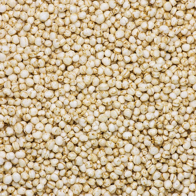 Bild eines 1 kg Beutels mit Bio-gepufftem Quinoa, reich an Proteinen und Ballaststoffen, ohne Zusatzstoffe und Konservierungsmittel, ideal für gesunde Ernährung und als knusprige Ergänzung zu verschiedenen Gerichten Vegan und glutenfrei, in der Schweiz erhältlich