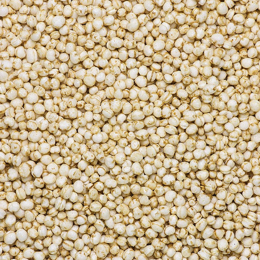 Bild eines 1 kg Beutels mit Bio-gepufftem Quinoa, reich an Proteinen und Ballaststoffen, ohne Zusatzstoffe und Konservierungsmittel, ideal für gesunde Ernährung und als knusprige Ergänzung zu verschiedenen Gerichten Vegan und glutenfrei, in der Schweiz erhältlich