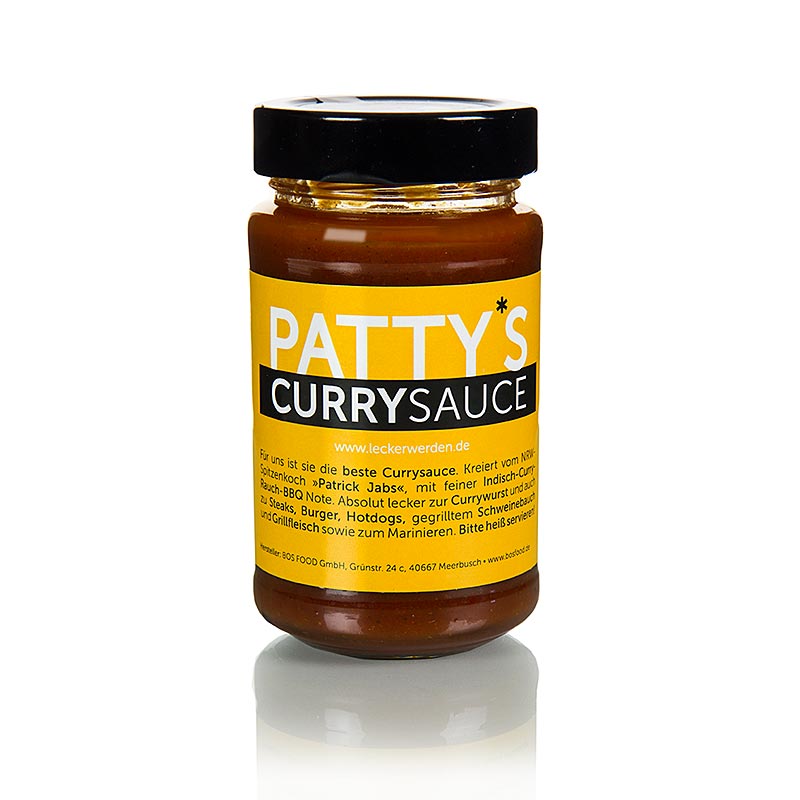 225 ml Pattys Currysauce, kreiert von Patrick Jabs, gluten- und laktosefrei, ideal für Currywurst, Steaks, Burger, Hotdogs und zum Marinieren, mit Indisch-Curry-Rauch-BBQ Note