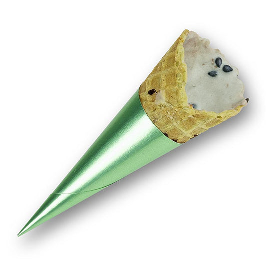 Waffel Hörnchen mit schwarzem Sesam, MINI, gecoated, ø 25x65mm h, 480 g, 140 St - Leckeres knuspriges Waffelhörnchen mit schwarzen Sesamsamen, mini Größe, überzogen, 25x65mm hoch, 480g Gewicht, 140 Stück Packung
