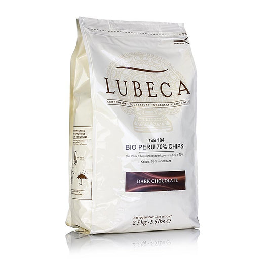 Organic 70% dark chocolate couverture callets from Lubeca Peru, 25 kg