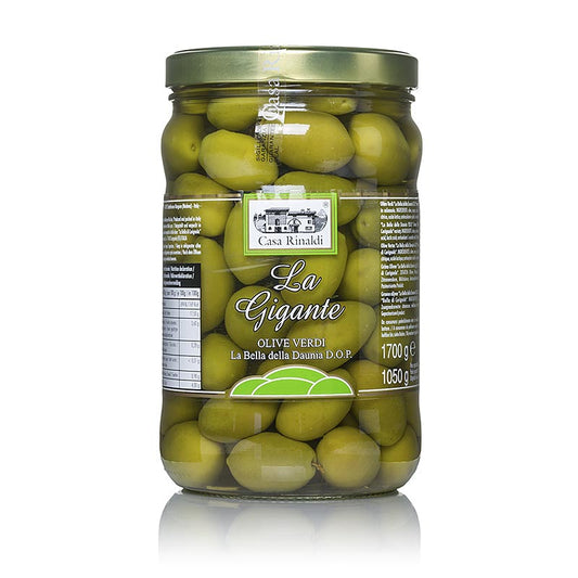 Grüne Oliven, mit Kern, Gigante Bella di Daunia, DOP, Casa Rinaldi, 1,68 kg - Riesige Oliven mit viel Fruchtfleisch, angenehmer Konsistenz und mildem Geschmack, beliebte Speiseolive