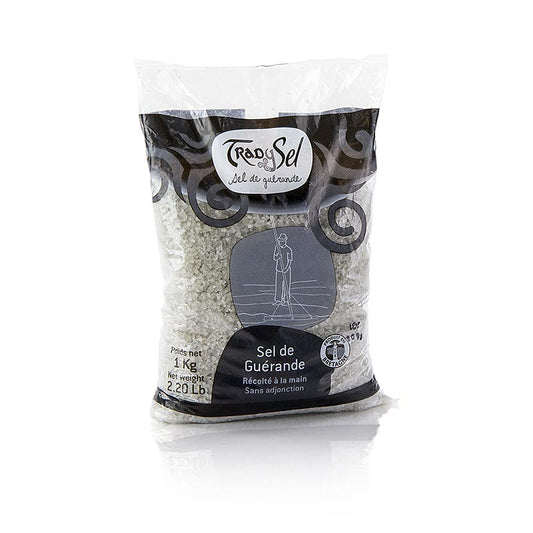Meersalz, grob, grau, feucht, Guerande/Frankreich, TradySel, 1 kg - Natürliches grobes Meersalz aus Guerande, Frankreich, reich an Mineralien, von Hand geerntet, perfekt zum Würzen von Fisch, Fleisch und Gemüse, 1 kg-Packung ideal für Hobby- und Profiköche
