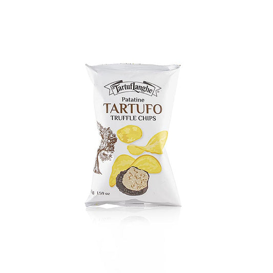 Kartoffelchips von TARTUFLANGHE mit gefriergetrocknetem Sommertrüffel (tuber aestivum), gebacken in Sonnenblumen- und Olivenöl, ideal als Appetizer oder Beilage