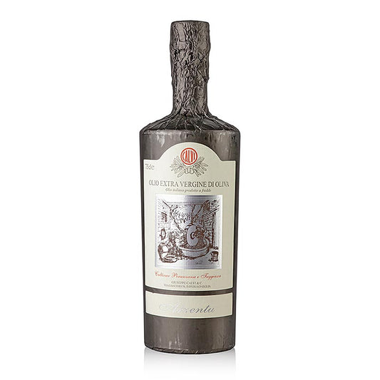 Flasche natives Olivenöl extra, Calvi Mosto Argento, Silberfolie, 750 ml, hergestellt aus italienischen Oliven (35 % Gentile, 30 % Ogliarola, 25 % Taggiasca, 10 % Peranzana und Coratina), ideal für Salate und milde Gerichte