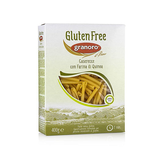 Glutenfreie Granoro Casarecce mit Quinoa, hergestellt aus Mais-, Reis- und Quinoamehl, ideal für Personen mit Glutenunverträglichkeit oder freiwilligem Verzicht auf Gluten, mit typischem Duft und Geschmack von Mais, abgerundet durch das Reismehl und eine pflanzliche Note von Quinoa, angereichert mit Ballaststoffen, Mineralsalzen und Proteinen, behält nach dem Kochen ihre Festigkeit und die raue Oberfläche sorgt für eine gute Haftung der Sauce