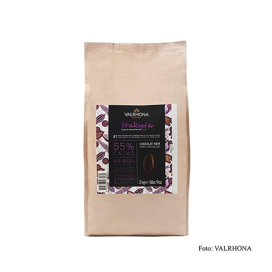 Valrhona Itakuja Bitter, dunkle Couverture, Callets, 55% Kakao, 3 kg - Schokolade mit intensivem Geschmack nach Passionfrucht durch Zweifach-Fermentation auf der Plantage M Libanio