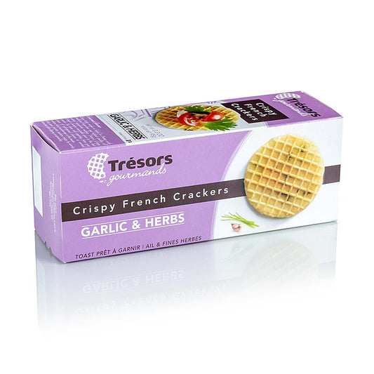 Bild eines 95-g-Pakets von Barsnack Tresors - knusprige Mini-Waffel-Cracker mit Knoblauch und Kräutern, ideal zum Belegen mit Käsecreme, Antipasti, Schinken, Wurstwaren oder eingelegtem Fisch und auch perfekt für Dips