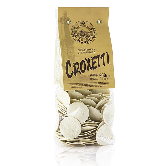 Pasta-Spezialität Morelli 1860 Croxetti, Germe di Grano, mit Weizenkeimen, 500 g, hergestellt aus hochwertigstem Hartweizengrieß, von Hand gerollt und 36 Stunden lang bei niedriger Temperatur getrocknet