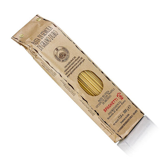 Spaghetti Morelli 1860, 500 g, hergestellt mit Weizenkeimen für intensiven Geschmack und feste Konsistenz, ohne Konservierungs- und Farbstoffe, von einer der angesehensten Nudelmanufakturen Italiens