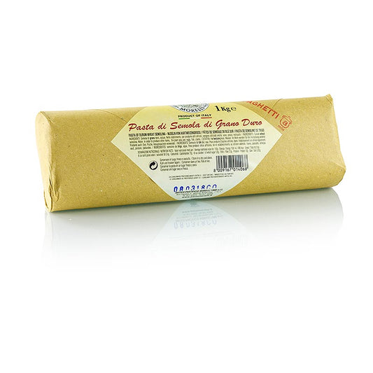 Eine Packung Morelli 1860 Spaghetti, 1 kg, hergestellt mit hochwertigstem Hartweizengrieß und Weizenkeim, ohne Konservierungs- und Farbstoffe, handgerollt und 36 Stunden lang bei niedriger Temperatur getrocknet