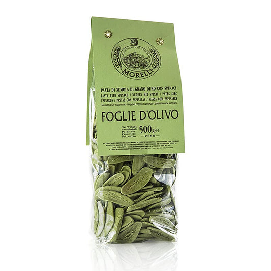 Morelli 1860 Foglie d´olivio, mit Spinat, 500 g - handcrafted olive leaf pasta with spinach, made by Morelli 1860, a 500 gram package (English)