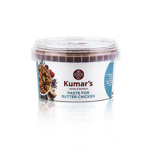 Eine 500g Packung Kumar´s Butter Chicken Currypaste indischer Art, hergestellt mit Kreuzkümmel, Bockshornklee, Ghee-Butter und Cashew-Kernen Ideal für die Zubereitung von mildem indischem Curry, das mit Hähnchen oder anderen Fleischsorten kombiniert werden kann Traditionell hergestellt mit hochwertigen Rohstoffen und perfekt ausgewogenen Gewürzen, vielseitig einsetzbar für verschiedene Gerichte