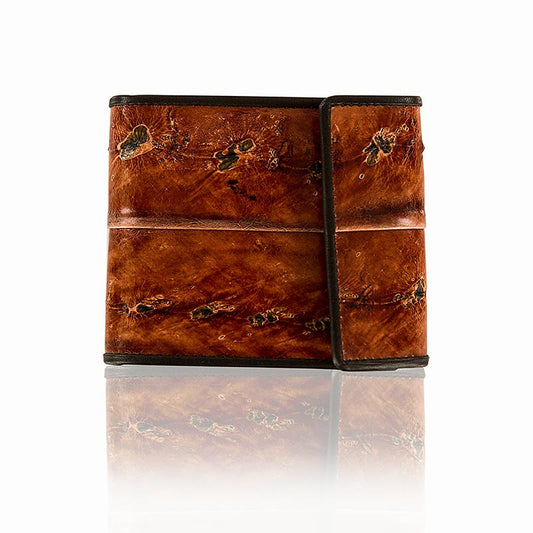 Portacarte di credito per 6 carte, con bottone a pressione, in pelle di storio/bovino, marrone, 11x9x2 cm, 1 pz.