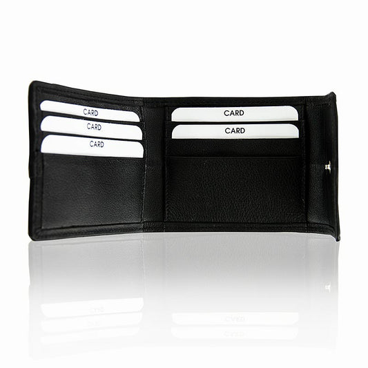 Portacarte di credito per 6 carte, con bottone a pressione, in pelle di storione/bovino, nero, 11x9x2 cm, 1 pz.