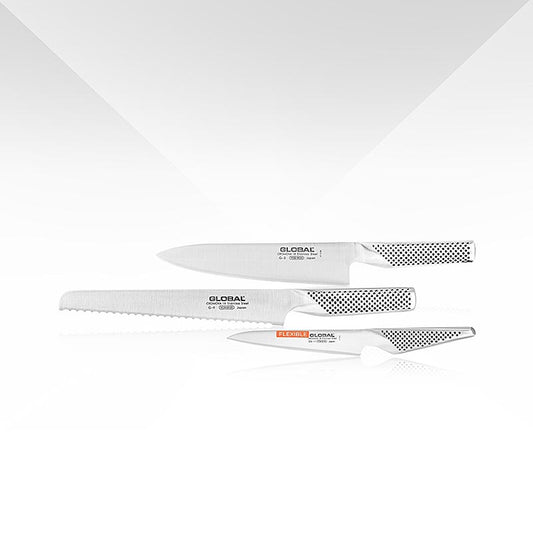 Global Starterset G-9211R mit 3 hochwertigen Stahlklingen und ergonomischem Design Ideal für professionelle Köche und leidenschaftliche Hobbyköche G-9R, G-2, GS-11 Messer Langlebig und pflegeleicht Kaufen Sie das Starterset jetzt in der Schweiz