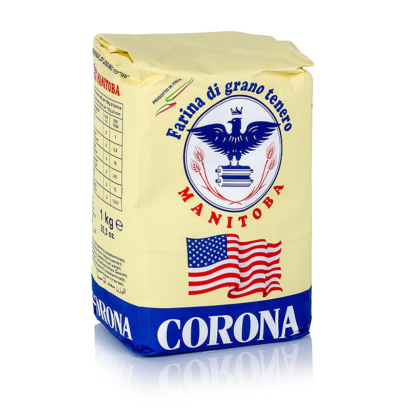 Manitobamehl, reich an Klebeweiweißen, aus robustem kanadischem Weizen, ideal für lange Teigführung und hohe Feuchtigkeit, 1 kg Corona-Packung