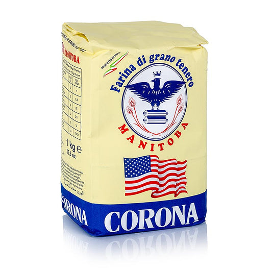 Manitobamehl, reich an Klebeweiweißen, aus robustem kanadischem Weizen, ideal für lange Teigführung und hohe Feuchtigkeit, 1 kg Corona-Packung