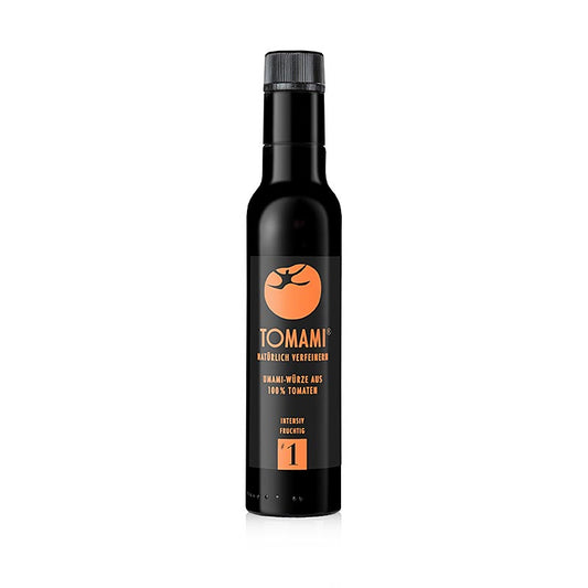 Eine Flasche Tomami Umami ® Tomatenkonzentrat, intensiv fruchtig, 240 ml, ein reines Naturprodukt, gewonnen aus vollreifen Tomaten, für mehr Geschmackstiefe in allen Gerichten, ohne den Speisen einen Tomatengeschmack zu geben