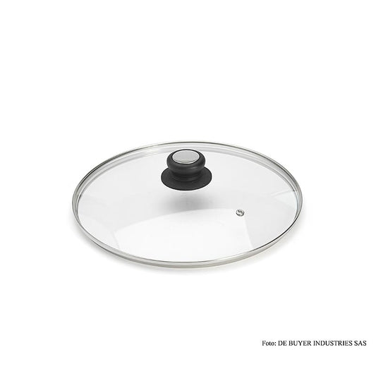 Glasdeckel mit Bakelitgriff von deBUYER, 28 cm Durchmesser, hitzebeständiges Glas, sicherer Griff
