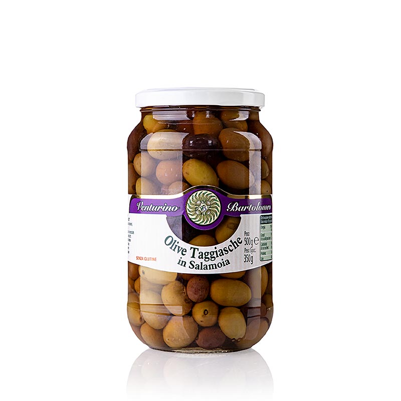 Oliven Mischung, grüne & schwarze Taggiasca-Oliven, in Lake, mit Thymian, Lorbeer und Rosmarin, 500 g, SEO-freundlich