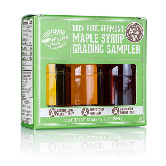 Ahornsirup-Testbox A Grade (Golden, Amber, Dark), 150 ml, 3 x 50ml - Set mit drei verschiedenen Qualitäten Ahornsirup zum Probieren und Vergleichen der Aromen, perfekt für Hobbyköche und Liebhaber von Delikatessen