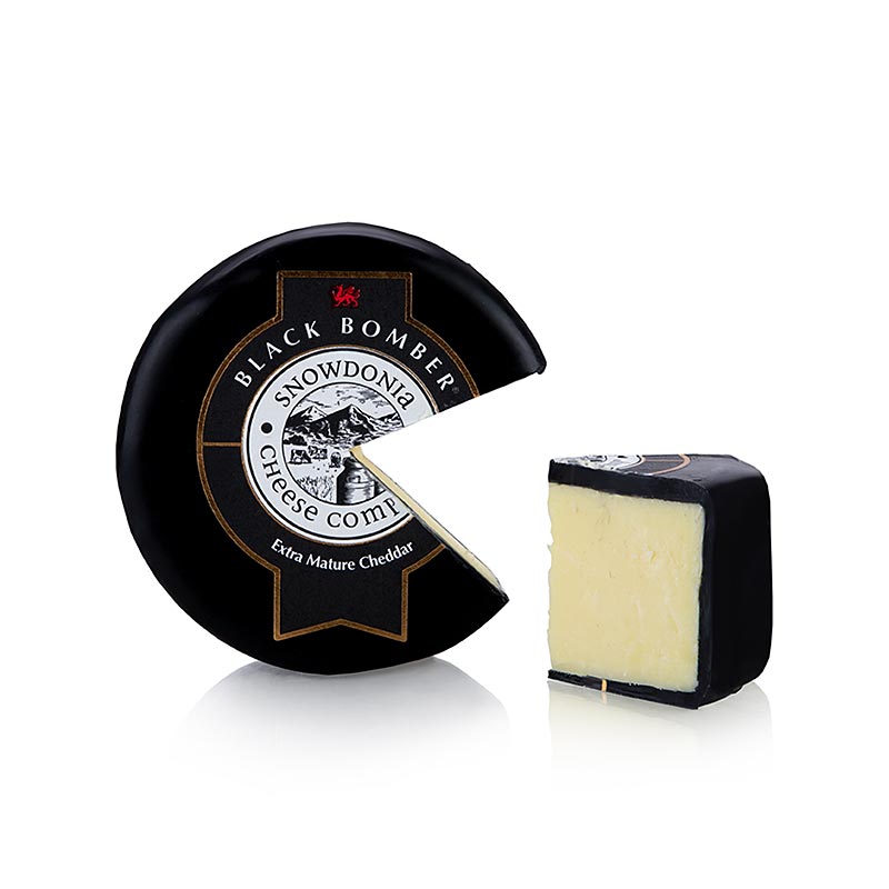 Snowdonia - Little Black Bomber, gereifter Cheddarkäse, schwarzer Wachs, 200 g - Extra lang gereifter Cheddar, cremig und weich, mit rundem Geschmack, perfekt pur oder mit Brot, Relish oder Chutney, empfohlen mit Cabernet Sauvignon oder Chardonnay, Preisträger bei internationalen und britischen Käsewettbewerben