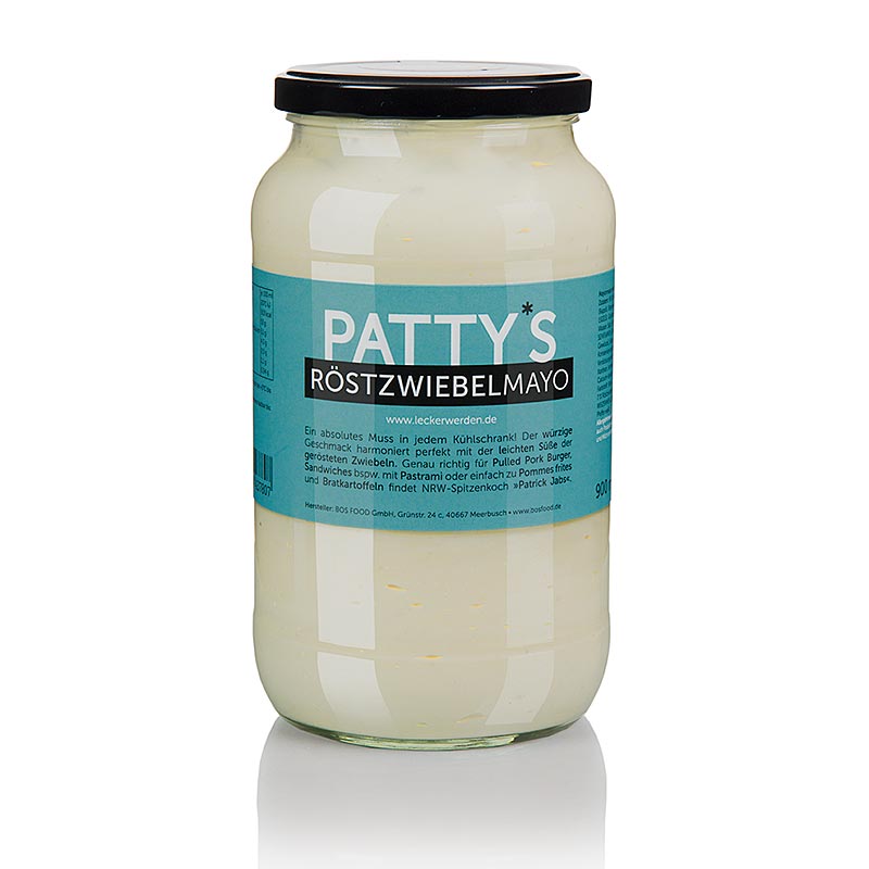 Bild eines 900 ml Behälters Pattys Röstzwiebel Mayonnaise, kreiert von Spitzenkoch Patrick Jabs, perfekt für Pulled Pork Burger, Sandwiches und Pommes frites
